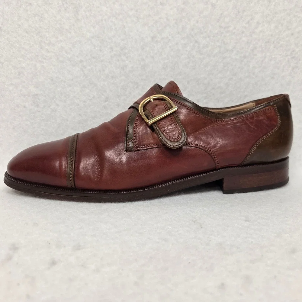 Vtg Bally Monk Strap Shoes Mens 44 Brown Two Tone Leather Cap‎ Toe Made in Italy